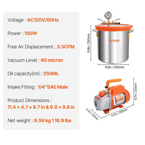 All In One 5 Gallon Vacuum Chamber Kit For Wood Stabilization And Resin Degassing With A 3.5 CFM Single Stage Vacuum Pump 40 Micron Vacuum And Tempered Glass Lid Pure Copper Motor Check Valve Diy Friendly Setup For Woodworking Hobbyists By VEVOR dimensions and specifications