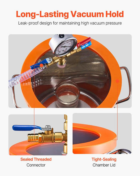 5-Gallon vacuum chamber and pump kit with orange acrylic lid, stainless steel chamber, gauge, and hose