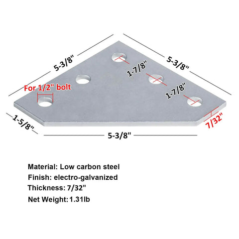 Four durable electrogalvanized corner gusset plates for 1-5/8 inch strut channels, 7/32 inch thick, 9/16 inch holes, low-carbon steel