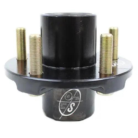 Front view of 5 Hole Idler Hub 4.5 Inch Bolt Circle For 2000 Lb Axles Beefed Up BT8 Spindle 1 Inch Bore Uses L44643 Bearings TruRyde