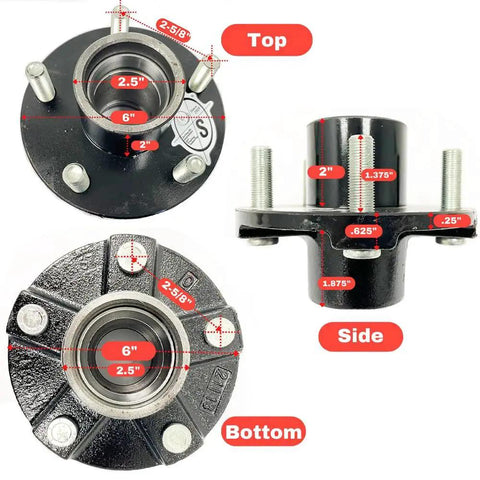 5 Hole Idler Hub 4.5 Inch Bolt Circle For 2000 Lb Axles Beefed Up BT8 Spindle with measurements and dimensions, multiple angles
