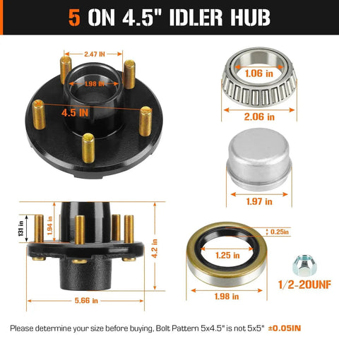 5 Hole 4.5 Inch Bolt Circle Idler Hub Kit For 2000lb Trailer Axles Replacement For L44649 Bearings And Brake Drum Compatible With Dexter Alko Lippert Quality Rockwell And Other Brands Includes Oil Seal, showing components with measurements.