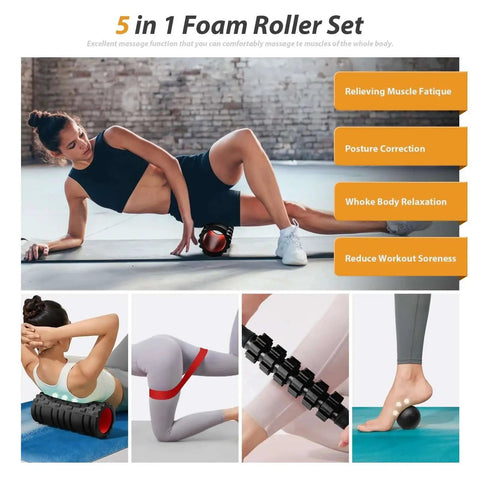 Collage featuring 5 In 1 Deep Tissue Massage Set with foam roller, trigger point roller stick, massage ball, resistance band, and yoga stretch band for full body recovery, Pilates, and fitness training in use by athletes, black and red.