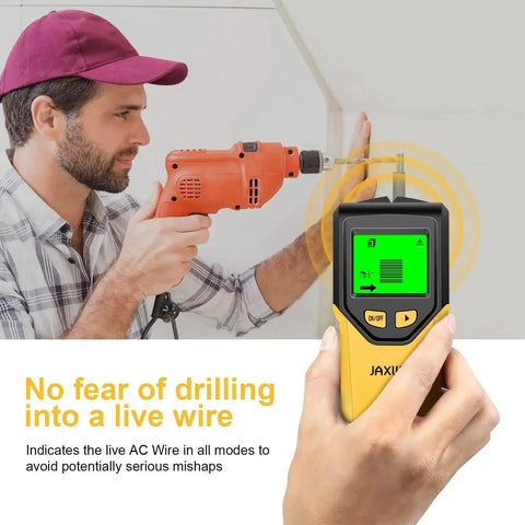 Discover safe, precise mounting with this 5 in 1 Stud Finder Wall Scanner featuring HD LCD held in hand with person drilling