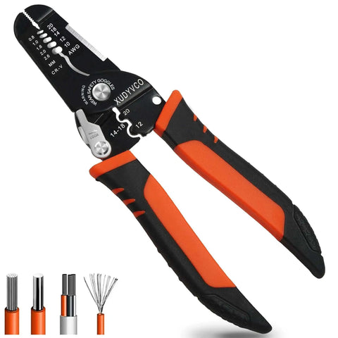 Five In One Wire Stripper Tool For 10 To 20 AWG Electrical Wire, Seven Inch Multifunctional Electrician Cable Stripper in black and orange