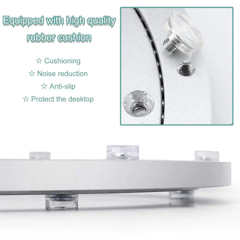 Close-up of 5 Inch Heavy Duty Aluminum Lazy Susan Ball Bearing Turntable with non-slip feet and rubber cushion for noise reduction.