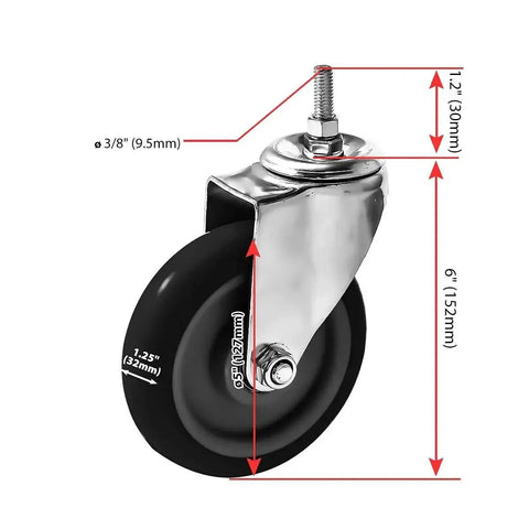 5 Inch Black Caster Wheel No Brake With Three Eighths To One Point Two Inch Threaded Stem Mount Industrial Grade Polyurethane Wheel