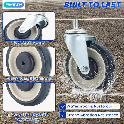 5 Inch Shopping Cart Wheels Replacement Kit Four Pack With Two Stemless And Two Stem Threaded Casters in blue on concrete