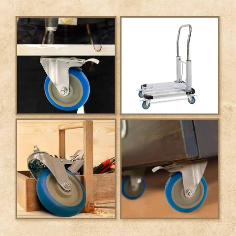 Heavy Duty Five Inch Blue Caster Wheel With Dual Locking Brake installed on equipment and workbench in use