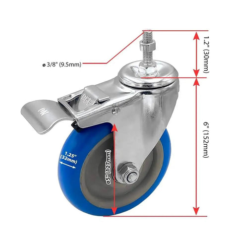 Heavy Duty Five Inch Blue Caster Wheel With Dual Locking Brake For Three Eighths To One Point Two Inch Threaded Stem Mounts