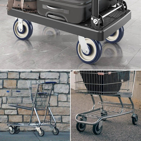 8 Pack 5 Inch Shopping Cart Replacement Wheels Kit With Double Ball Bearing TPU Silent Wheels shown installed on shopping carts