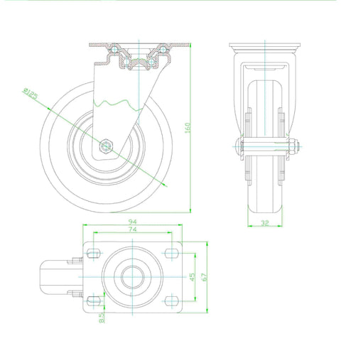 Technical drawing of 5 Inch Swivel Caster Wheels Set of 4 with Brakes, showing dimensions and design details.