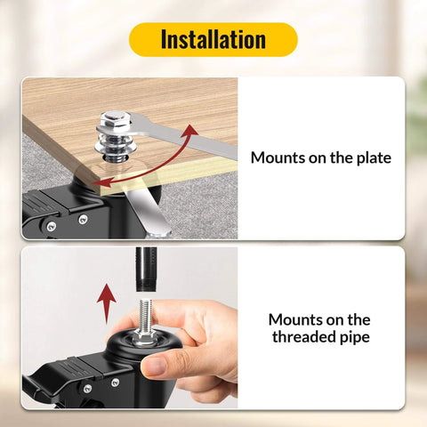 Installation instructions for 5 Inch Total Locking Stem Caster Wheels Set of 4 showing mounting on plate and threaded pipe.