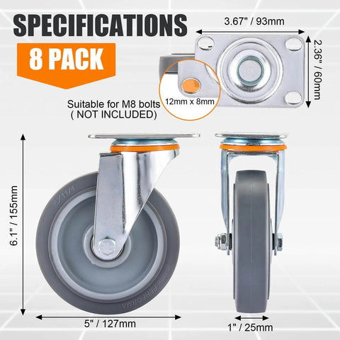 Specifications of 5 Inch Heavy Duty Caster Wheels Replacement Kit, 8 Pcs TPR Rubber Silent Casters, dimensions and design details shown.