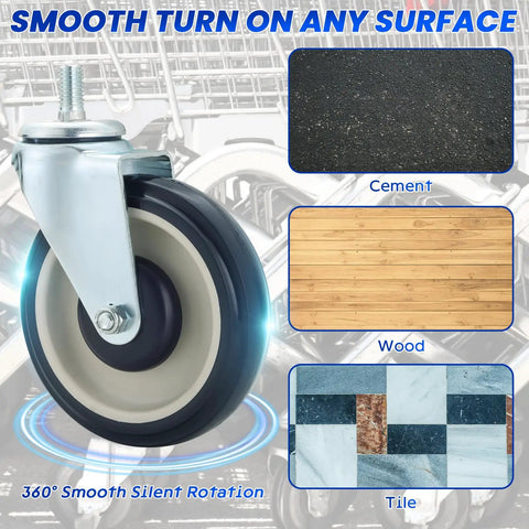 5 Inch Shopping Cart Wheels Replacement Kit Four Pack With Two Stemless And Two Stem Threaded Casters And Hardware In Blue showcased on various floor types, including cement, wood, and tile, highlighting smooth maneuverability.