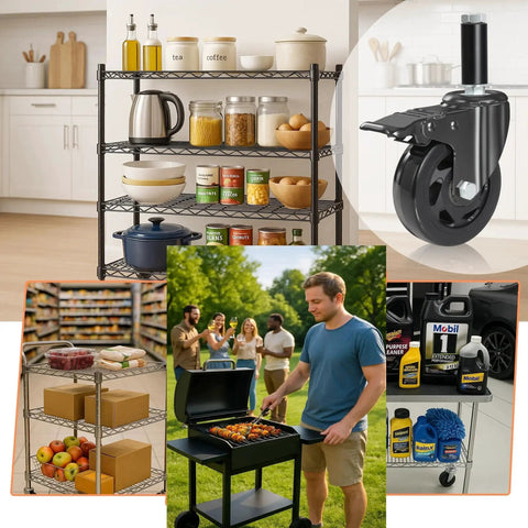 5 Inch Heavy Duty Expanding Stem Casters For Stainless Steel Prep Tables And Carts Fits Tube Legs 7/8 To 1-5/8 Inch, black caster wheel detail.