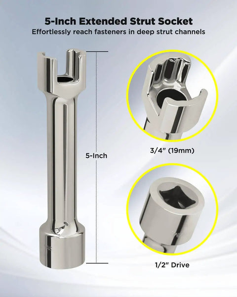 One Half Inch Drive Strut Channel Impact Socket Five Inch Deep Cr-V Nickel Plated Crack Resistant 12-Point Double Hex