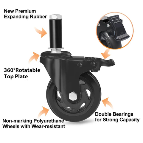 5 Inch Heavy Duty Expanding Stem Casters For Stainless Steel Prep Tables And Carts Fits Tube Legs 7/8 To 1-5/8 Inch