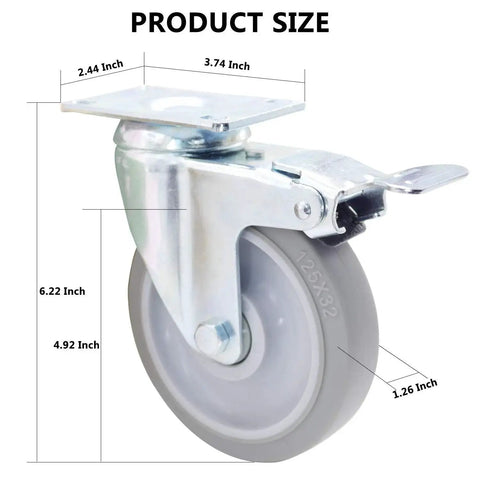 Side view of Pack Of 4 5 Inch Swivel Caster Wheels With Dual Locking Brakes in Gray TPR Rubber, metal housing, product dimensions displayed
