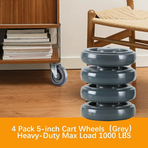 4 Pack 5 Inch Swivel Cart Casters With 7 Sixteenth Inch Metal Nuts Heavy Duty TPR Thermoplastic Rubber Wheels stacked beside a cart