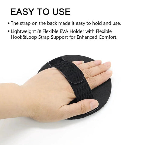 5 Inch Hand Sanding Pad with hook and loop backing, shown on a hand for size reference and flexible strap display
