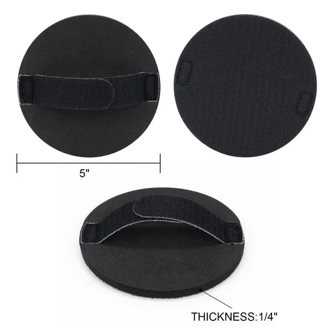 5 Inch Hand Sanding Pad with Hook and Loop Backing, front and side view, showing EVA holder and flexible strap for woodworking and auto body.