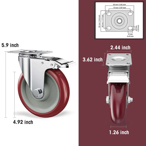 5 inch heavy duty casters with brakes set of 16, double ball bearing non marking plate mount casters side view.