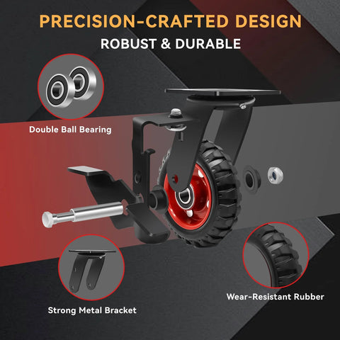 Precision-crafted 5 Inch Heavy Duty Caster Wheels Set of 4, 1080 LBS Outdoor Industrial Wheels Swivel Large Rubber Casters with Brake