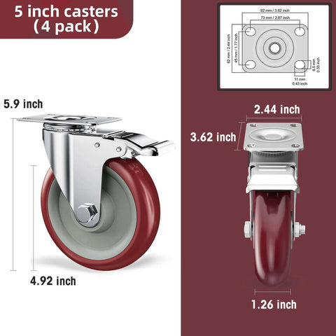 5 inch heavy duty casters with brakes set of 4, double ball bearing non marking wheels rated for 1400 lb capacity, side view.