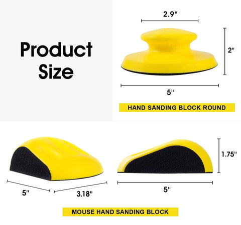 2 Pack 5 Inch Hook And Loop Hand Sanding Block Set with Round and Mouse Shapes, PU body, dimensions shown, yellow color