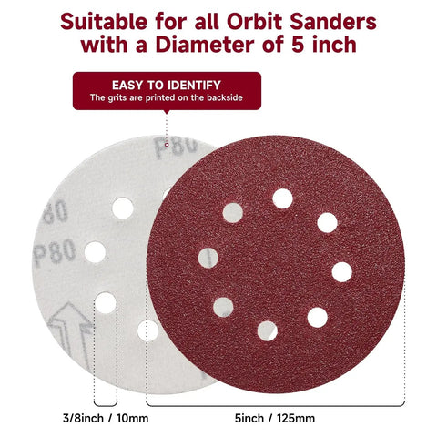 5-inch sanding discs showing hook and loop backing for random orbital sander, part of 165 Piece 5 Inch Sanding Discs Set for Random Orbital Sander With Hook and Loop Backing, Assorted Grits 40 60 80 120 150 240 320 400 600 for Finishing and Polishing