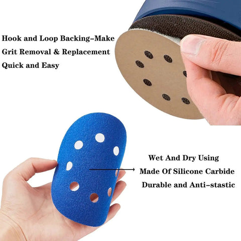 Hand holding blue sanding block with 5 Inch Hook And Loop Sanding Discs Set 50 Pcs For Wet Dry Polishing, showcasing silicon carbide material.