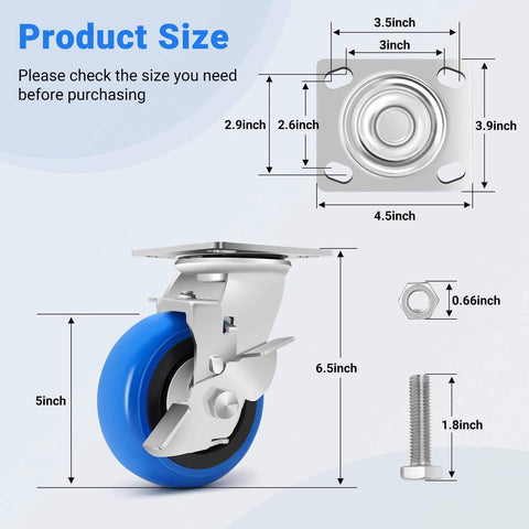 Diagram showing dimensions of 5 inch heavy duty caster wheels set of 4 rated 3500 lb total with smooth rolling design and brakes