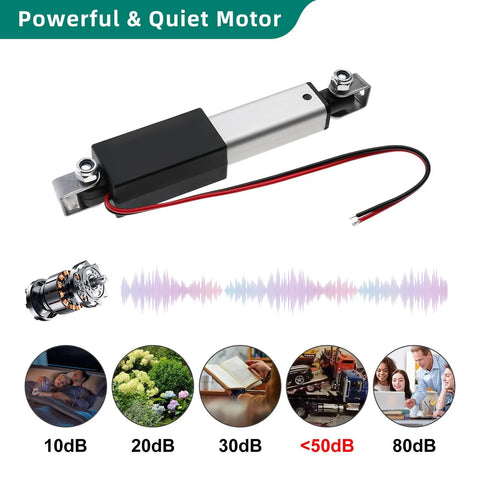 Mini linear actuator, 125mm stroke, 12V DC, 120N (28lb) force; mounting brackets, silver body, black end.