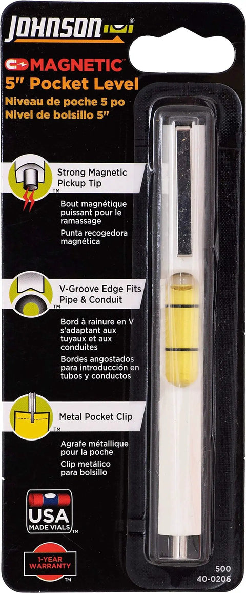 Compact pocket magnetic level with pickup delivers fast, accurate measurements at hand. Packaged front view showing features.