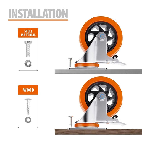 Installation of 5 Inch Swivel Caster Wheels Set Of 4 With Brakes For Cart Furniture Or Workbench Heavy Duty Polyurethane Locking