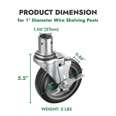 Diagram of five inch universal wire shelving swivel caster with polyurethane wheel and top lock brake for industrial storage.