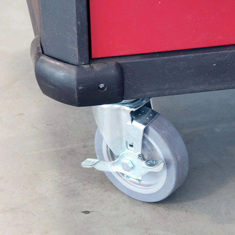 5 Inch Swivel Caster Wheels Set of 4 with Brakes, Heavy Duty Plate Casters, attached to a red cart corner, floor view