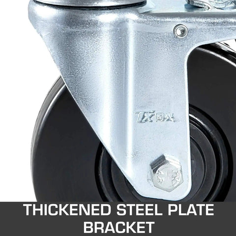 Close-up of 4 Pack 5 Inch Scaffolding Rubber Swivel Caster Wheels with steel bracket and dual locking mechanism.