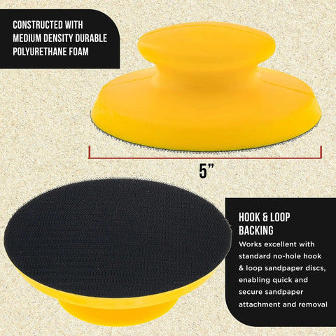 Round 5 Inch Hand Sanding Block Pad For Hook And Loop PSA Discs Adapter 2 Pack with yellow polyurethane foam design