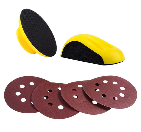 2 Pack 5 Inch Hook And Loop Hand Sanding Block Set with mouse and round shapes, yellow PU body, and sanding discs