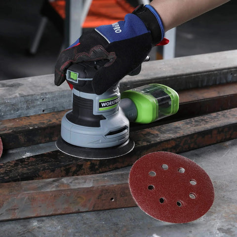 Using 150 Piece Sanding Discs Set 5 Inch 8 Hole Grits 60 To 600 For Random Orbital Sander on metal surface