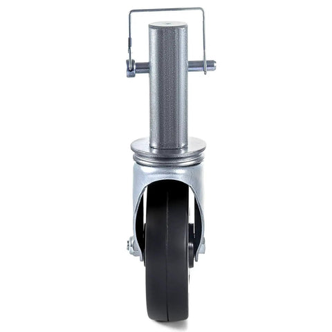 Front view of a 4 Pack 5 Inch Scaffolding Rubber Swivel Caster Wheels With Dual Locking Heavy Duty Casters 1.26 Inch Square Stem 440 Lbs Per Wheel 360 Degree Rotation Non Marking Quiet Rolling For Carts Benches And Workstations.