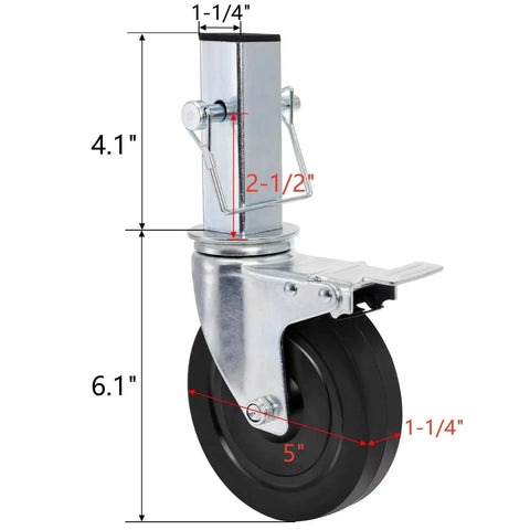 5 Inch Scaffolding Casters Set of 2 With Dual Locking Brakes, stainless steel, rubber wheel, square stem labeled dimensions