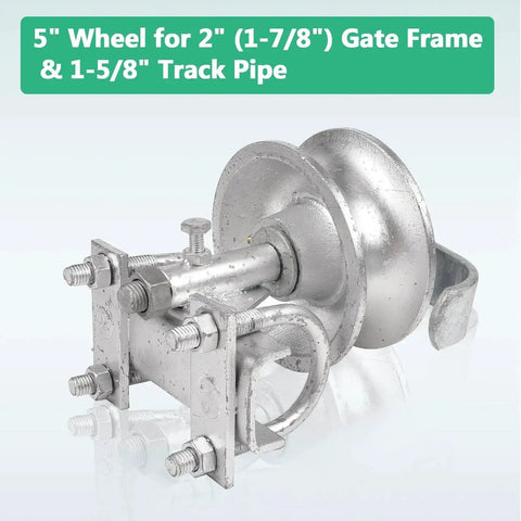 Sliding Gate Rollers Set With Five Inch Wheels For Two Inch Gate Frames And One And Five Eighths Inch Track Pipe Heavy Duty