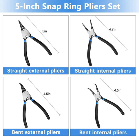 5-Inch Snap Ring Pliers Set showing straight and bent internal and external pliers for 850 Piece C Clip And Snap Ring Assortment Kit In 304 Stainless Steel External Retaining Rings M4 To M28 Plus E Clip Set 1.5mm To 15mm And 4 Piece 5 Inch Snap Ring Pliers Set For Heavy Duty Mechanical Maintenance