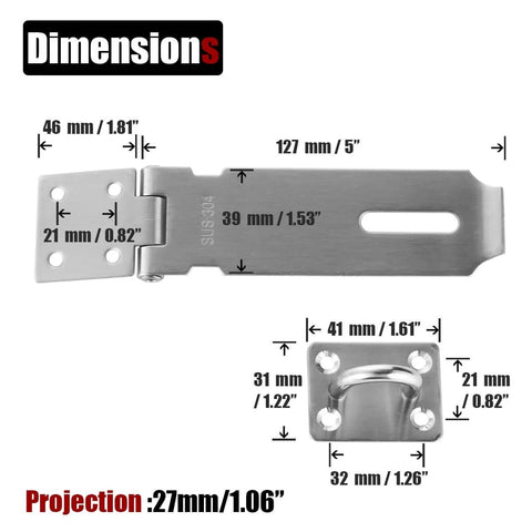 Dimensions of 5 Inch Door Hasp Latch Lock, 304 Stainless Steel, Safety Packlock Clasp, Brushed Steel DL130-BN with measurements in mm and inches