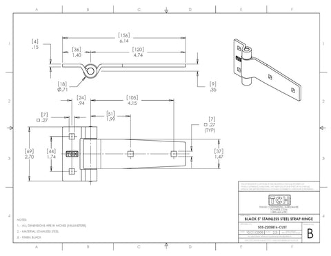 Technical drawing of Heavy Duty 5 Inch Stainless Steel Strap Tee Hinge Black Finish, 2 Pack, dimensions labeled.