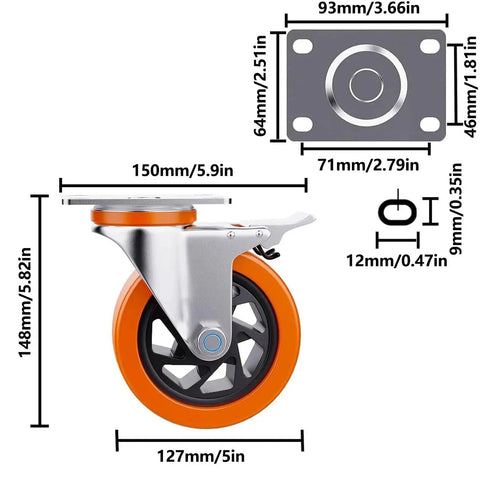 5 Inch Swivel Caster Wheels Set Of 4 With Brakes For Cart Furniture Or Workbench Heavy Duty Polyurethane Locking Casters Load 450 Lbs Per Wheel 1800 Lbs Total