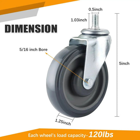 4 Pack 5 Inch Swivel Cart Casters With 7 Sixteenth Inch Metal Nuts Heavy Duty TPR Thermoplastic Rubber Wheels dimensions